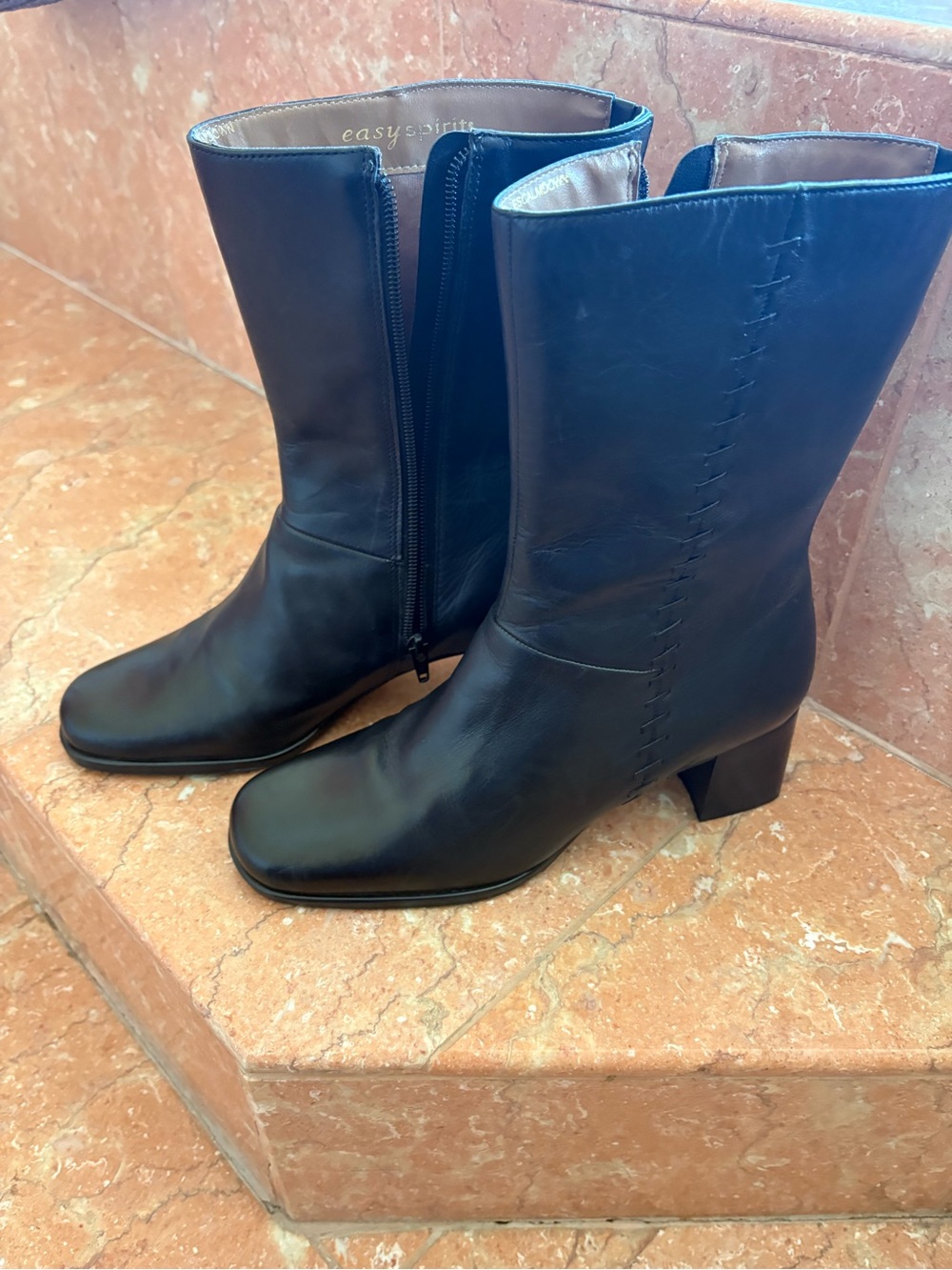 Easy Spirit Black Leather Mid-Calf Block Heel Zip Boots